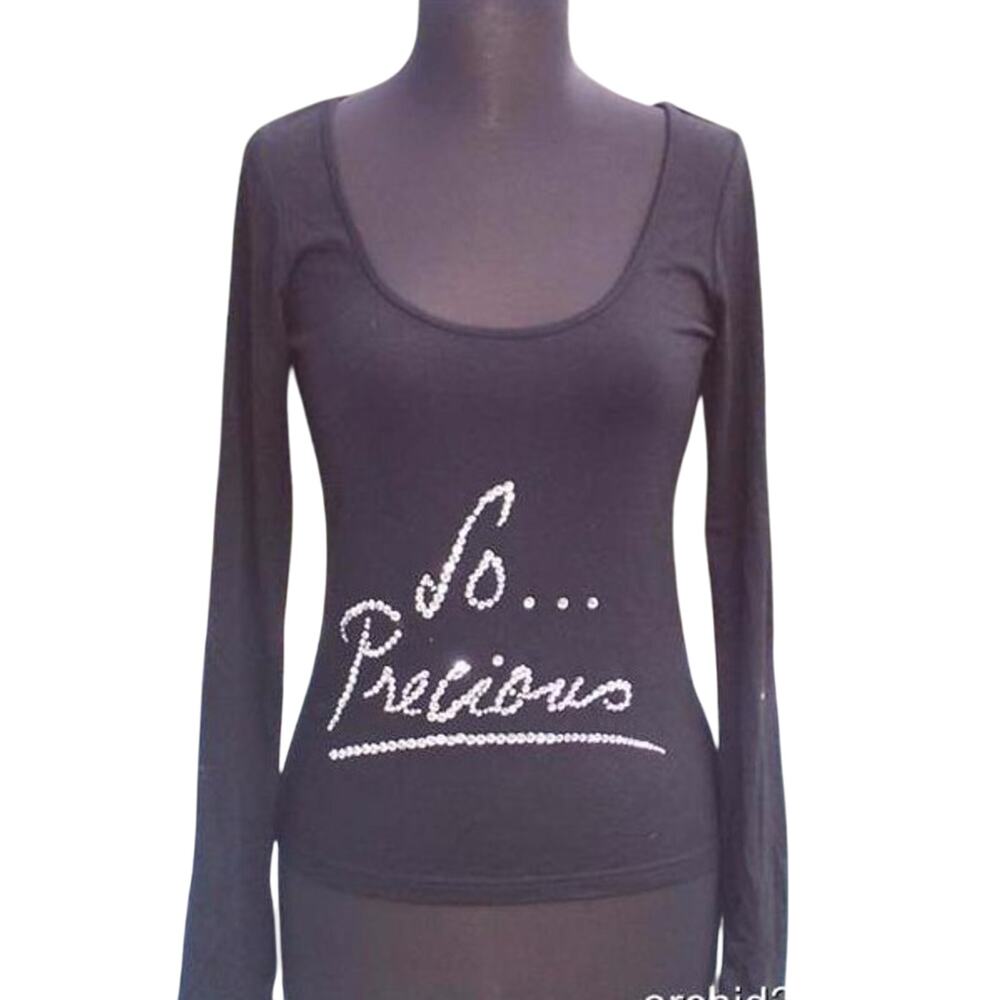 Cache Black So Precious In Rhinestones On Front Top New Stretch Tee NWT $98 Sz M